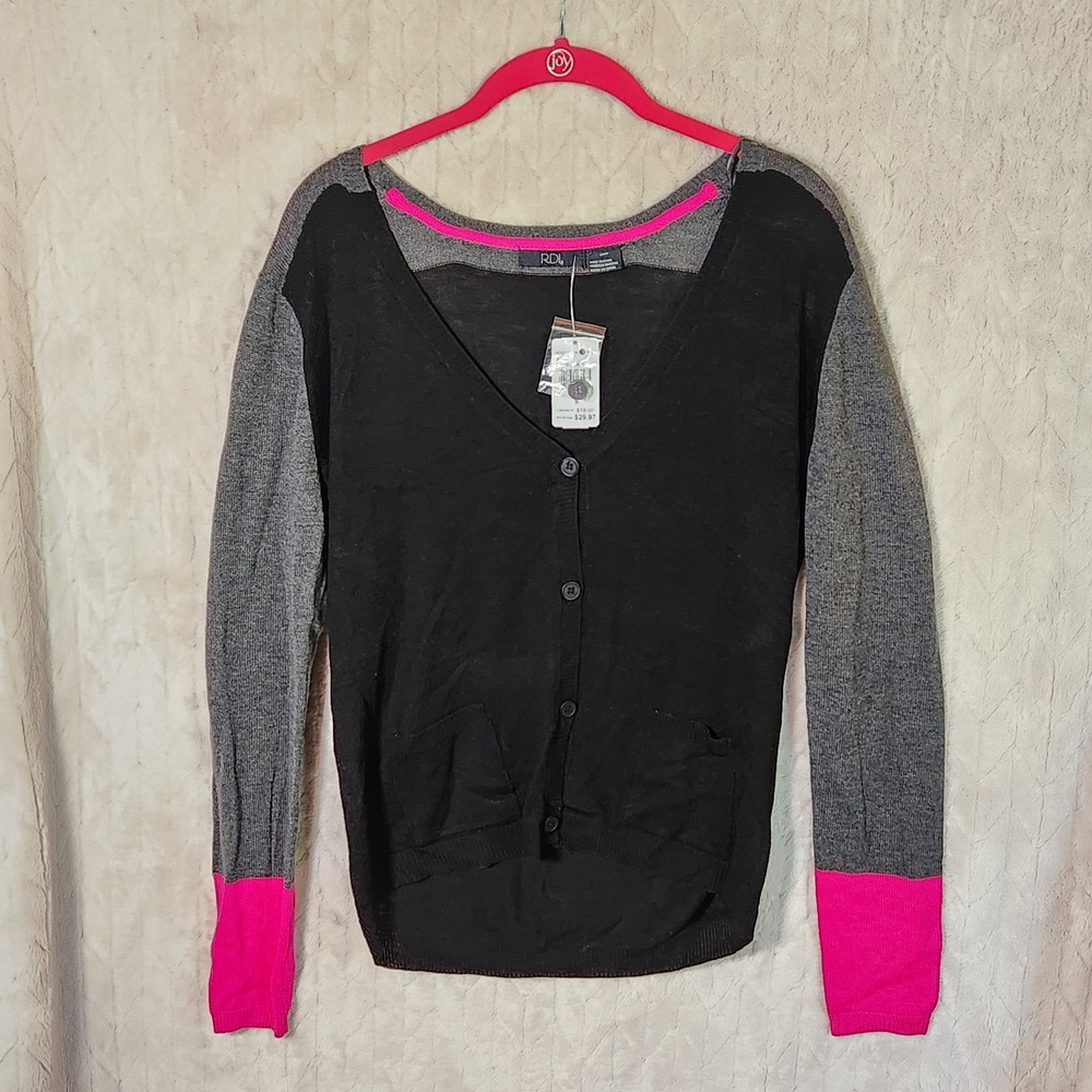 RDI Nordstrom Button-Front Cardigan Sweater Pockets Black Pink Grey Small 64S146